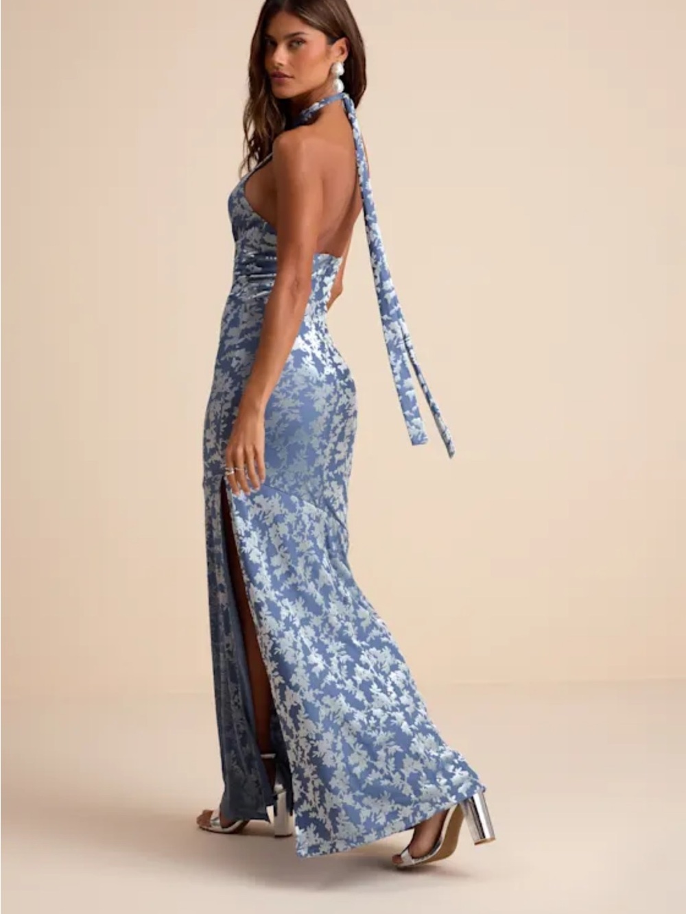 Lulus Sharon Slate Blue Velvet Burnout Halter Maxi Dress - Size M - Picture 3 of 5